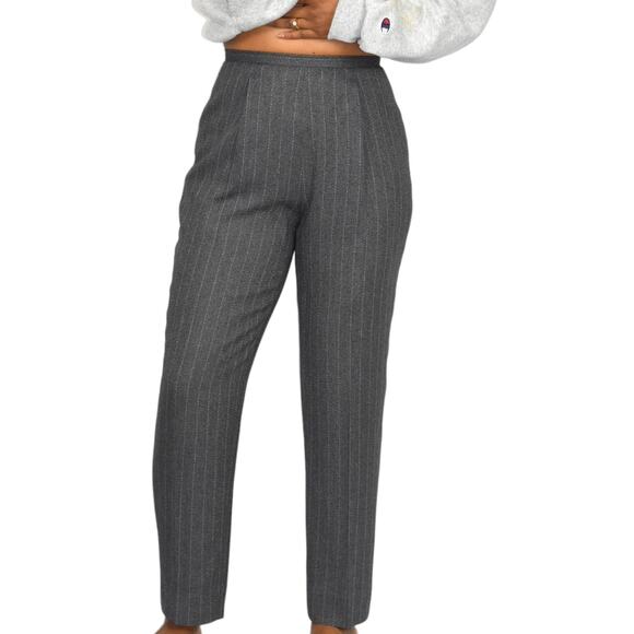 Vintage High Waisted Trousers Grey Striped Dress Pants Tapered Pleated 4 Petite - Picture 14 of 16